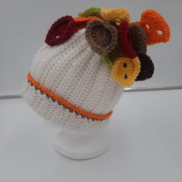 Handmade Ribbed beanie hat w/fall leaves in Orange Yellow Lime Green Brown Burg - Picture 2 of 5